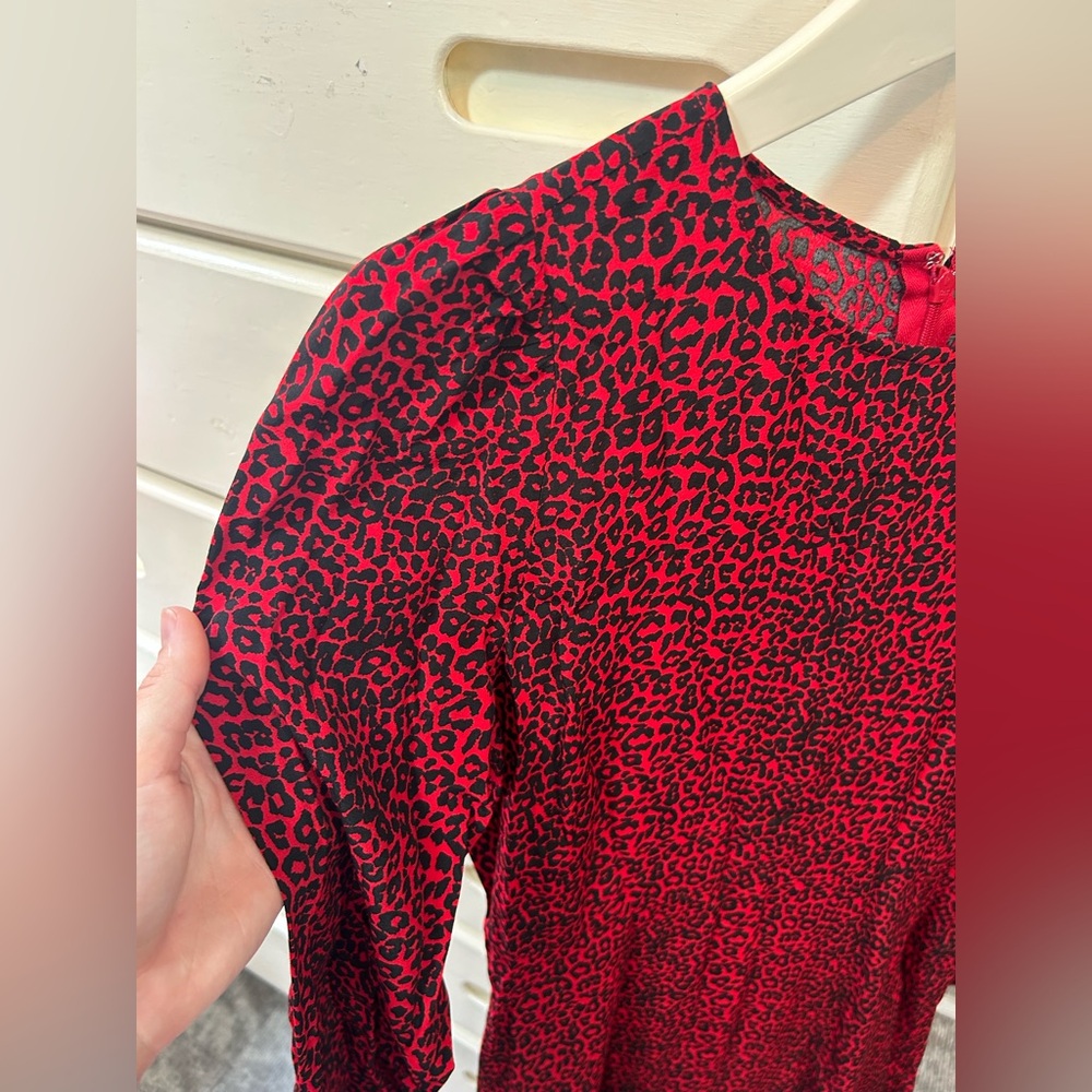 LOFT Leopard Animal Print Slit Midi Dress Long Sleeves Tango Red Holiday Dress✨ - Picture 6 of 10